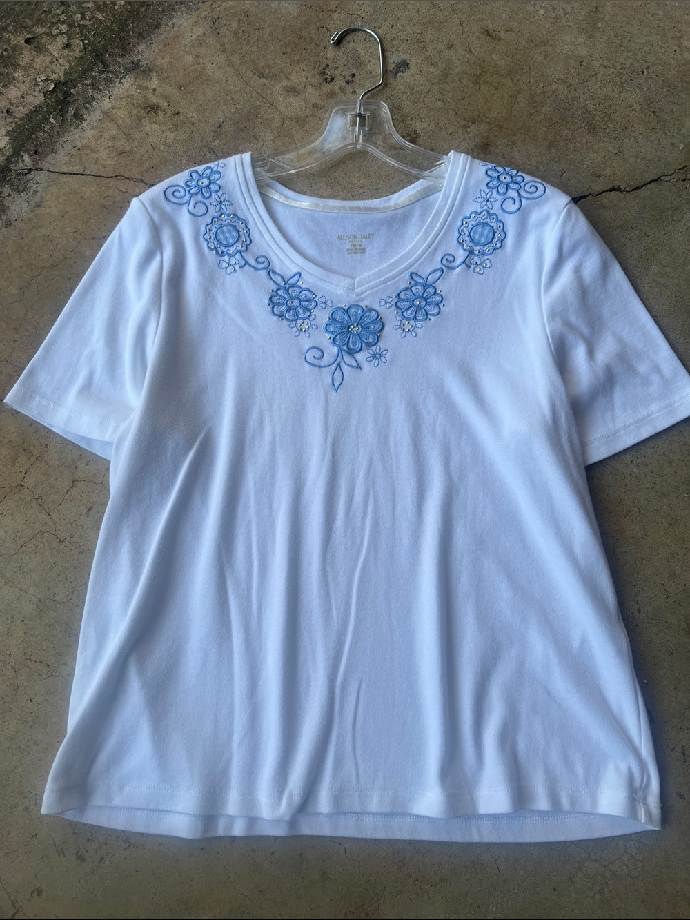 White Women's V-Neck Tee with Blue Floral Embroidery